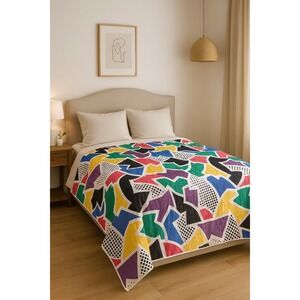 Retro Geometric Quilt Blanket colorful #3014 ‎ 75 x 80 inches reveresible #3014